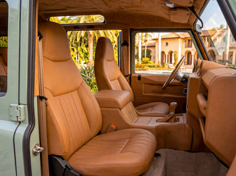 Side Angle Interior of restored Land Rover Defender Miami build