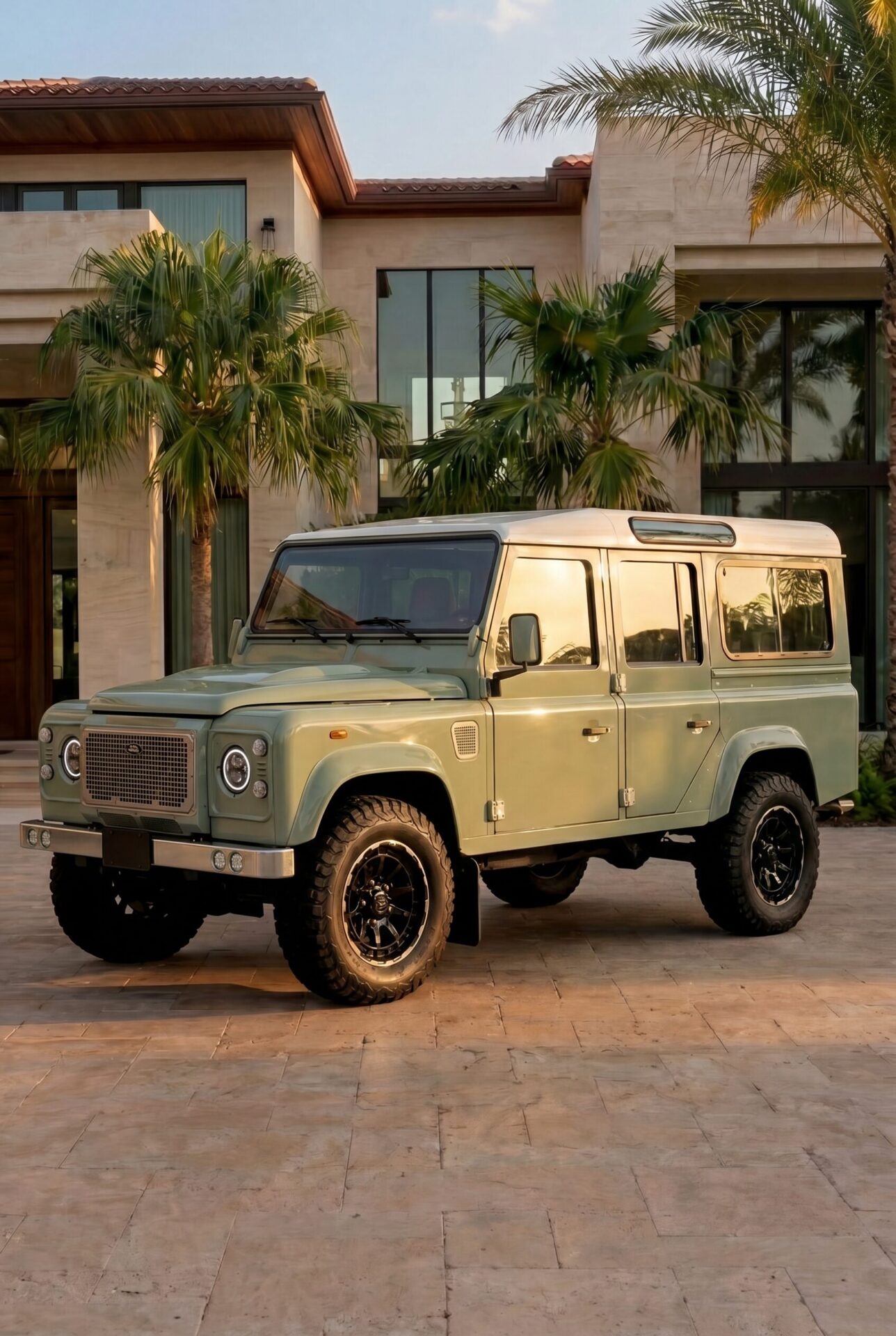Restored Land Rover Defender 110 parked in Luxurious house Driveway