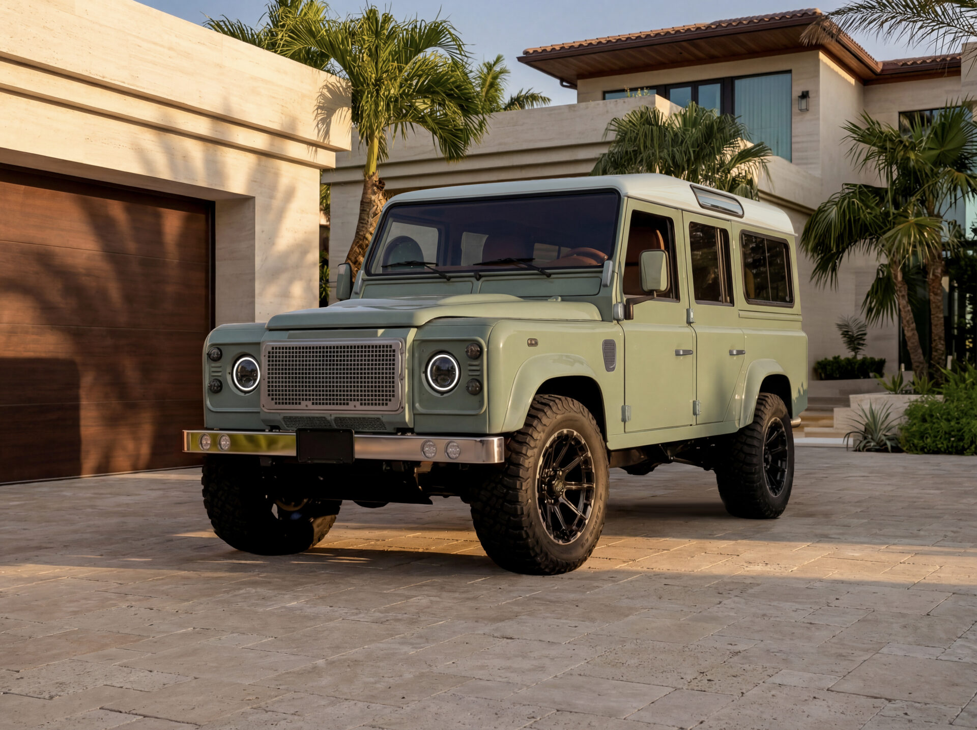 Restored Land Rover Defender 110 front exterior view in Miami