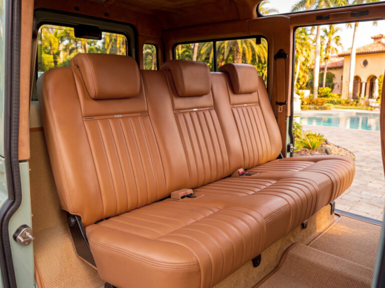 Rear Seat view of Interior of restored Land Rover Defender Miami build