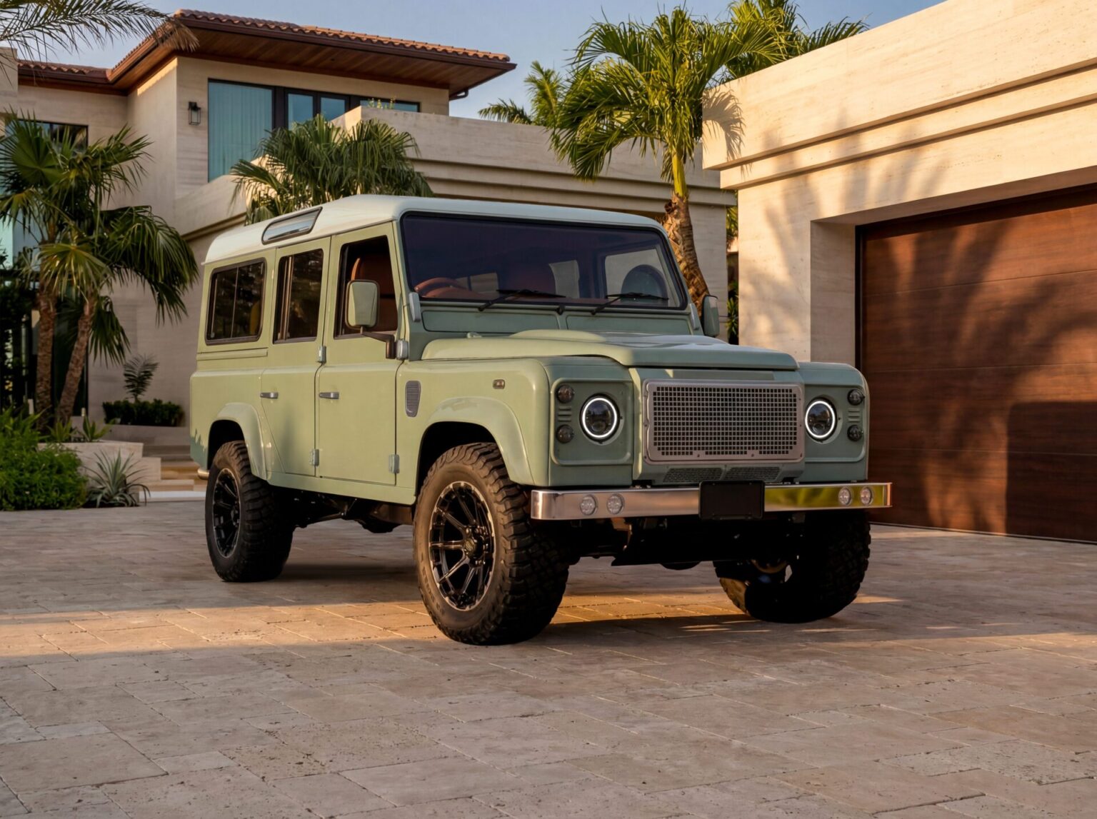 Restored Land Rover Defender 110 front exterior view in Miami