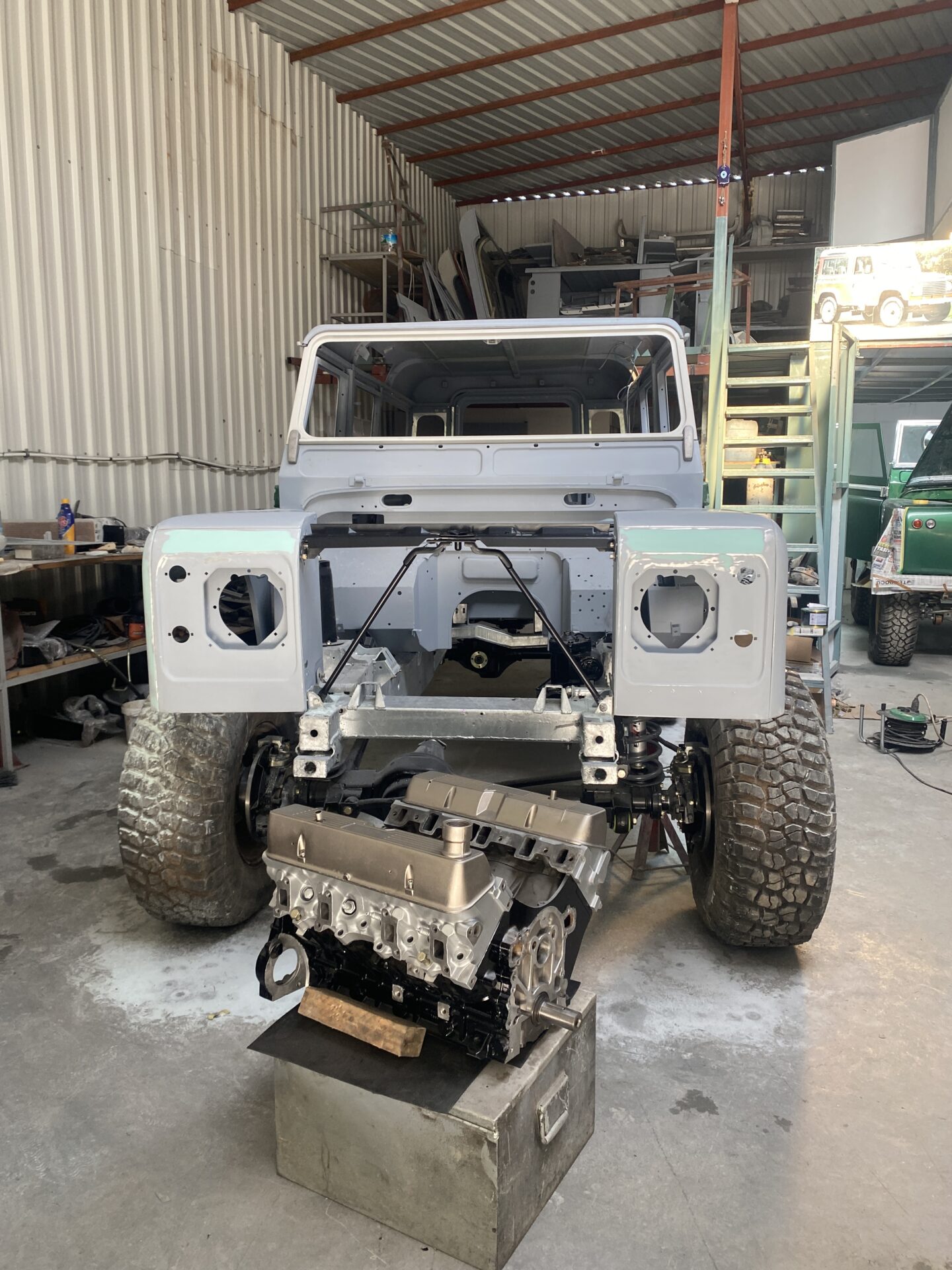Land Rover Defender 110 Front fenders installed pre- grill and engine installation